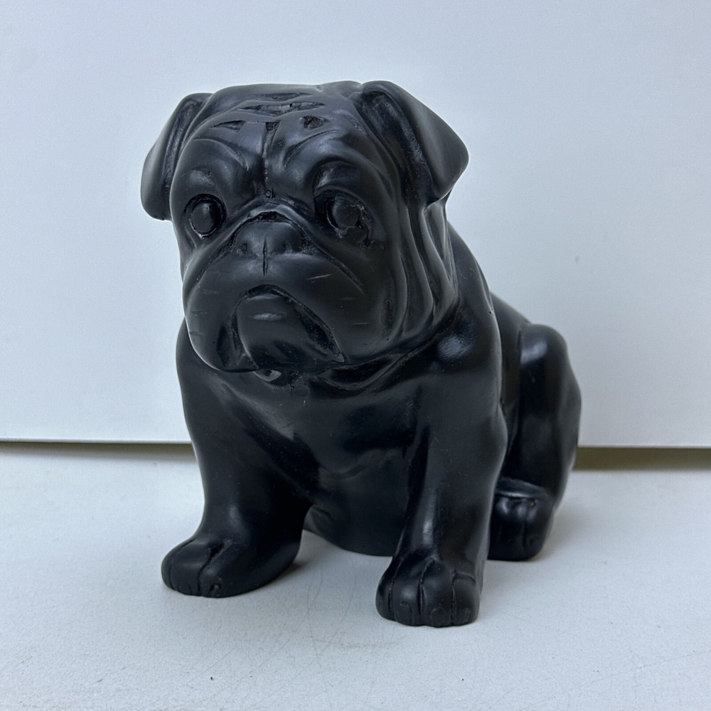 Heavy Black Carved Bulldog Sculpture Agate/Onyx Stone Resin? Pug Dog Statue